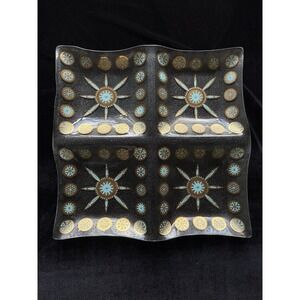 Vintage MCM CULVER Glass Carnival Turquoise Blue Gold 4 Serving Tray Platter